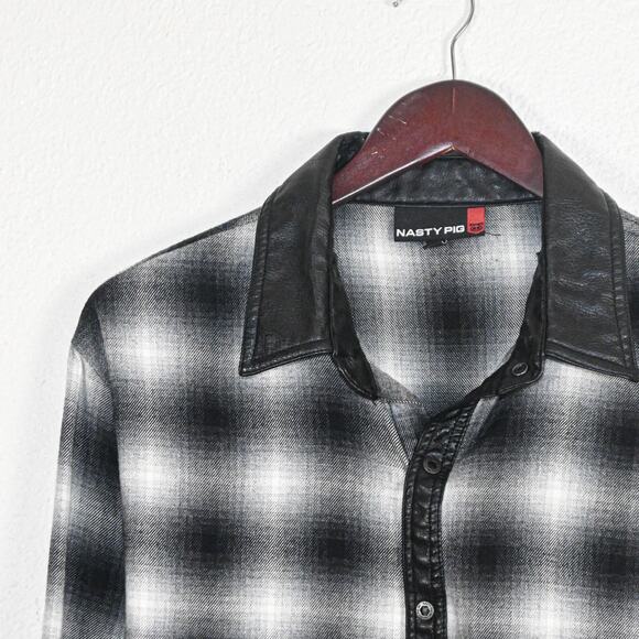 NASTY PIG Men's Button up Shirt Black Grey Plaid Faux Leather trim Sz Medium - Picture 8 of 10